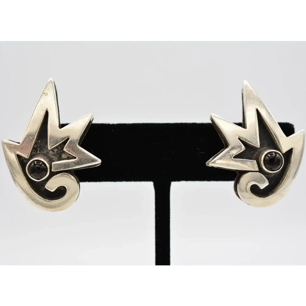 Vintage Mexico 925 Cabochon Earrings Sterling Silver Designed Signed BinAB